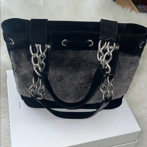Elegant Black and Gray Tote Bag with Chain Accents